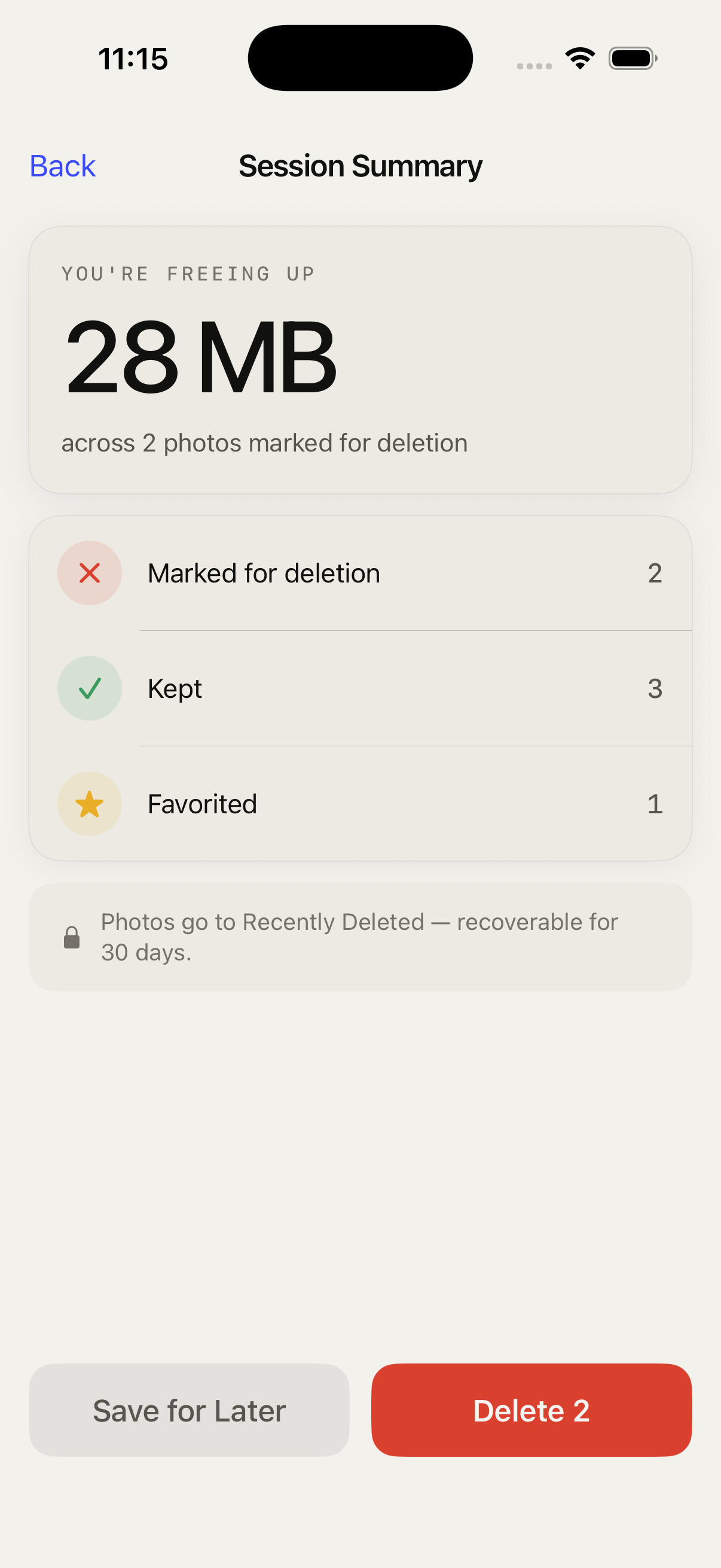 CleanRoll summary screen on iPhone showing how much storage was freed after a cleanup session